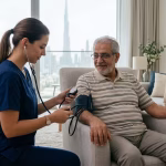 Home care services in Dubai, showing a caregiver assisting an elderly man at home.
