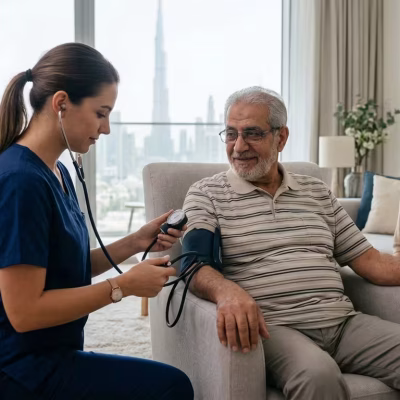 Home care services in Dubai, showing a caregiver assisting an elderly man at home.