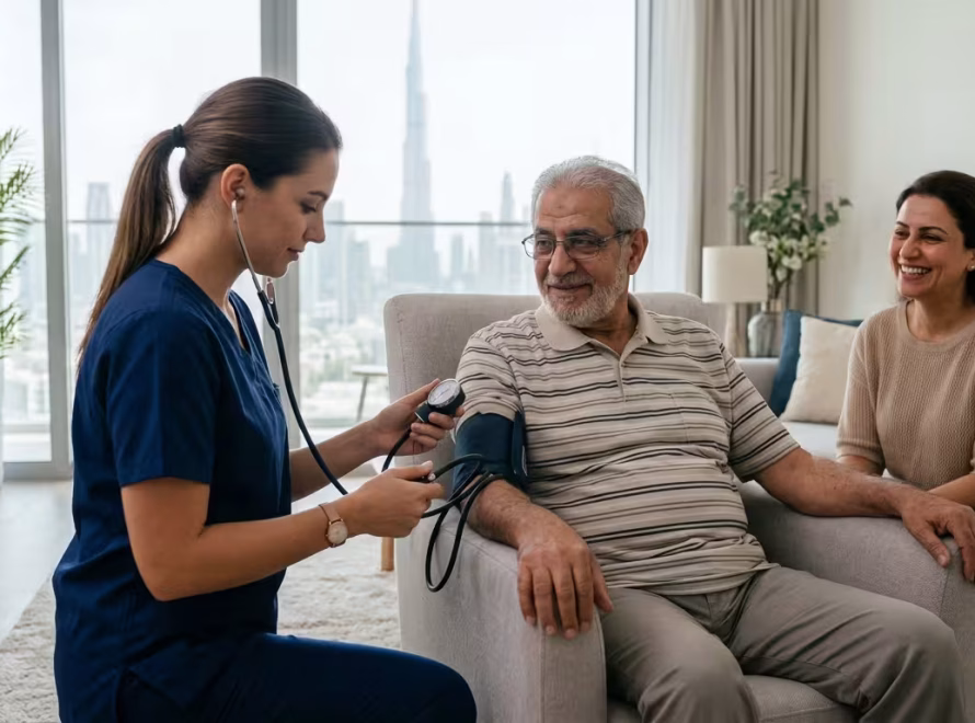 Home care services in Dubai, showing a caregiver assisting an elderly man at home.