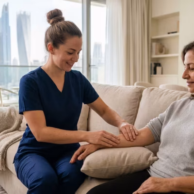 Lymphatic physiotherapy session with a physiotherapist assisting a female patient during treatment.