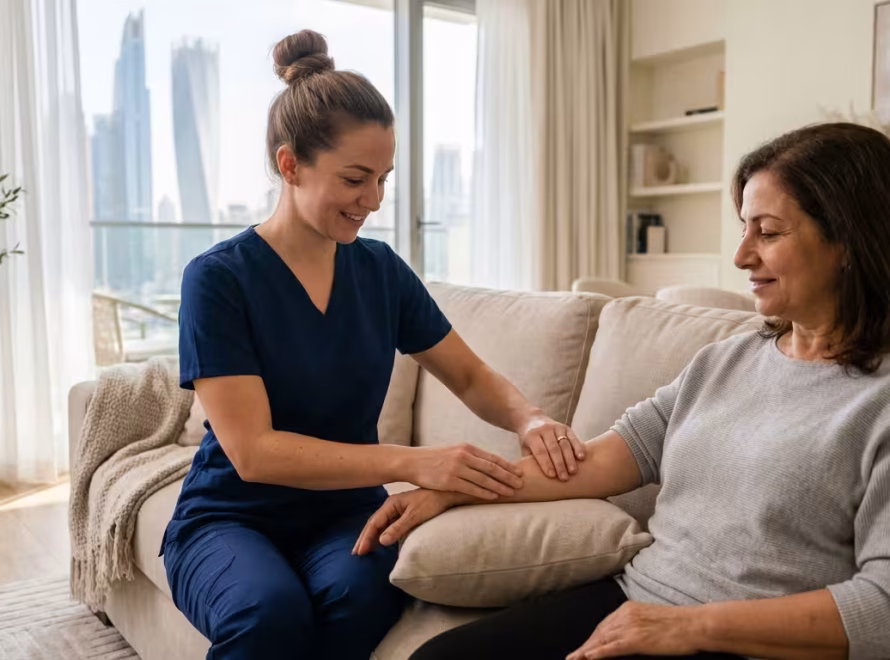 Lymphatic physiotherapy session with a physiotherapist assisting a female patient during treatment.