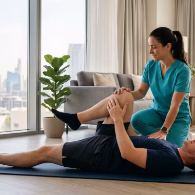 Physiotherapy for back pain with a physiotherapist assisting a patient with back stretches on a yoga mat.