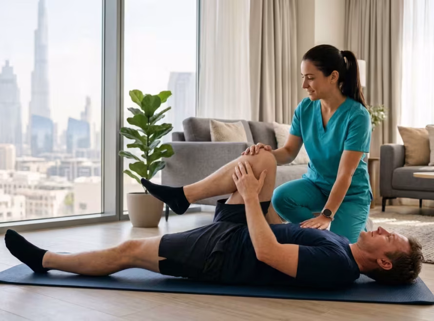 Physiotherapy for back pain with a physiotherapist assisting a patient with back stretches on a yoga mat.